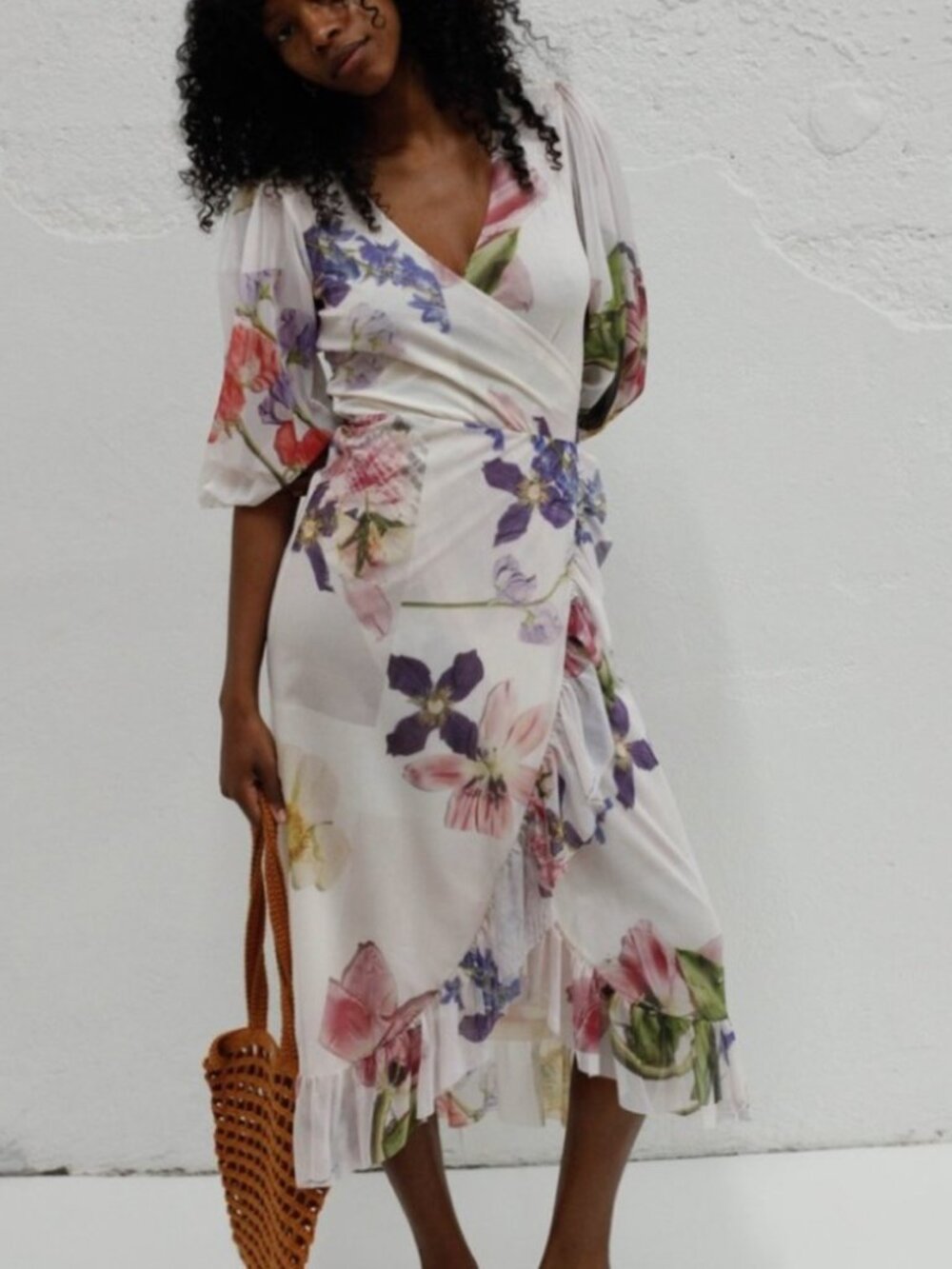GANNI Ruffled Floral-print Stretch-mesh Midi Wrap Dress